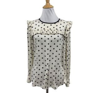 J Crew Blouse Womens 0 White Black Silk Blend Ruffle Star Print Keyhole Back Top